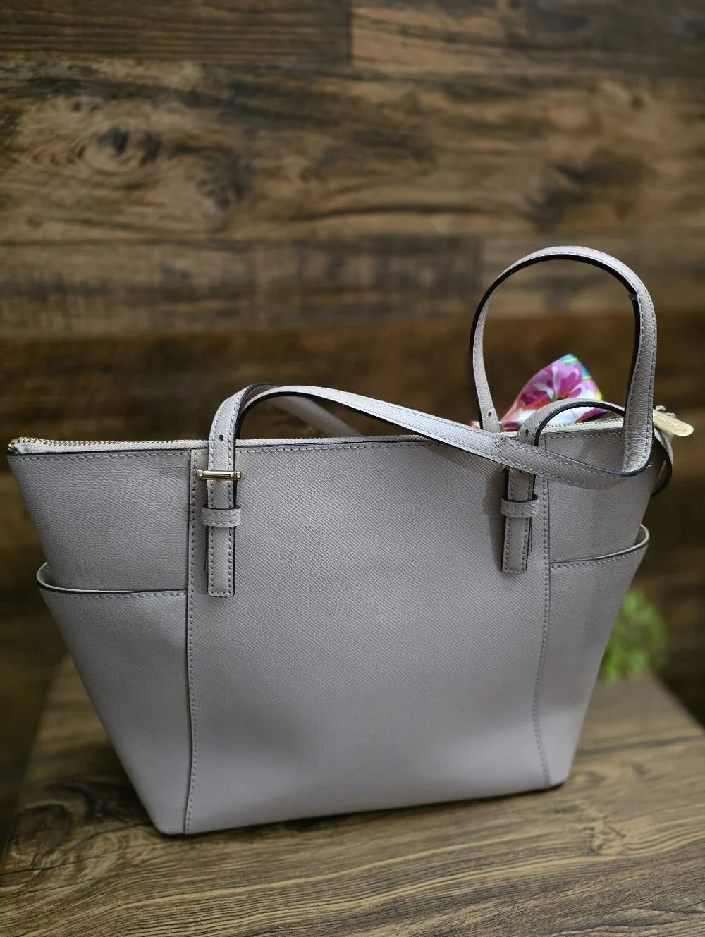 Michael Kors Large Jet Set In Blush Pink Leather Tote with Floral Scarf